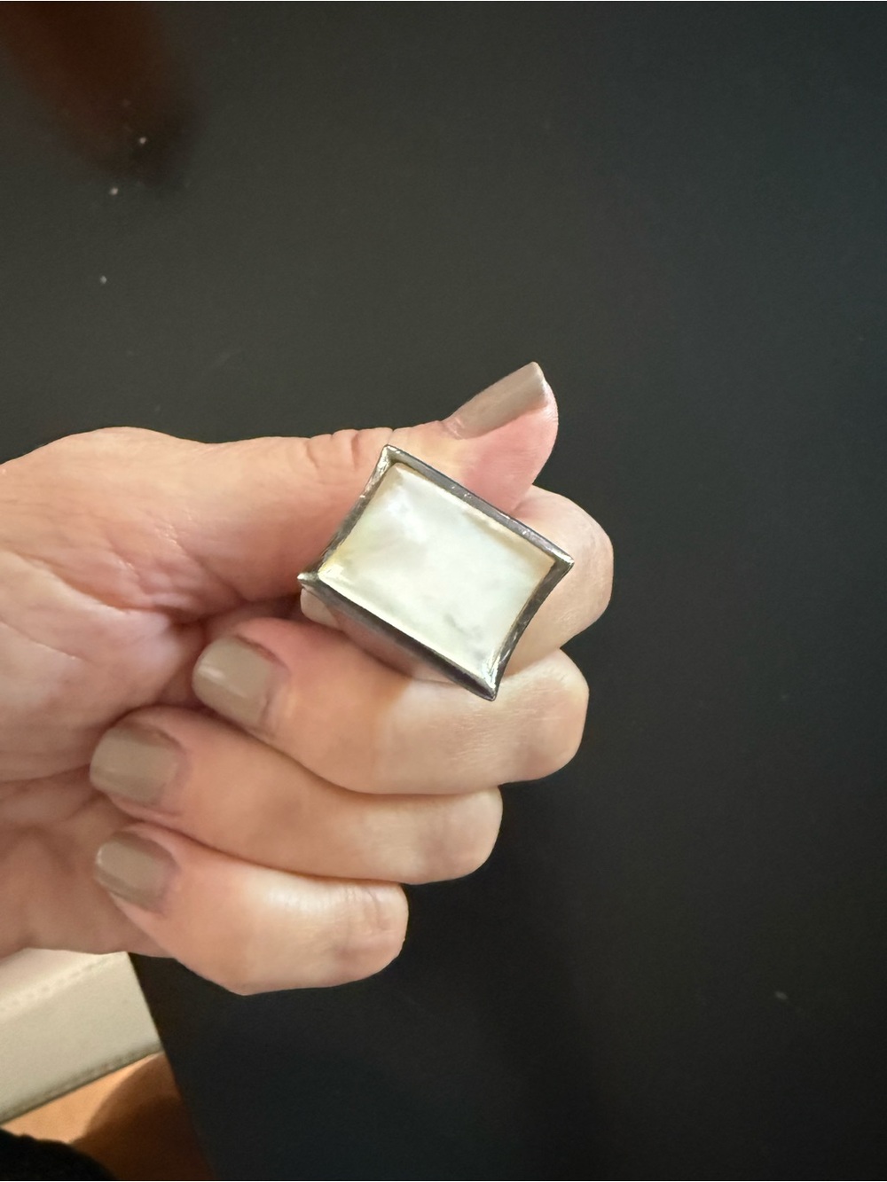 Rectangular Statement Ring sterling silver pink stone ?mother of pearl? 7